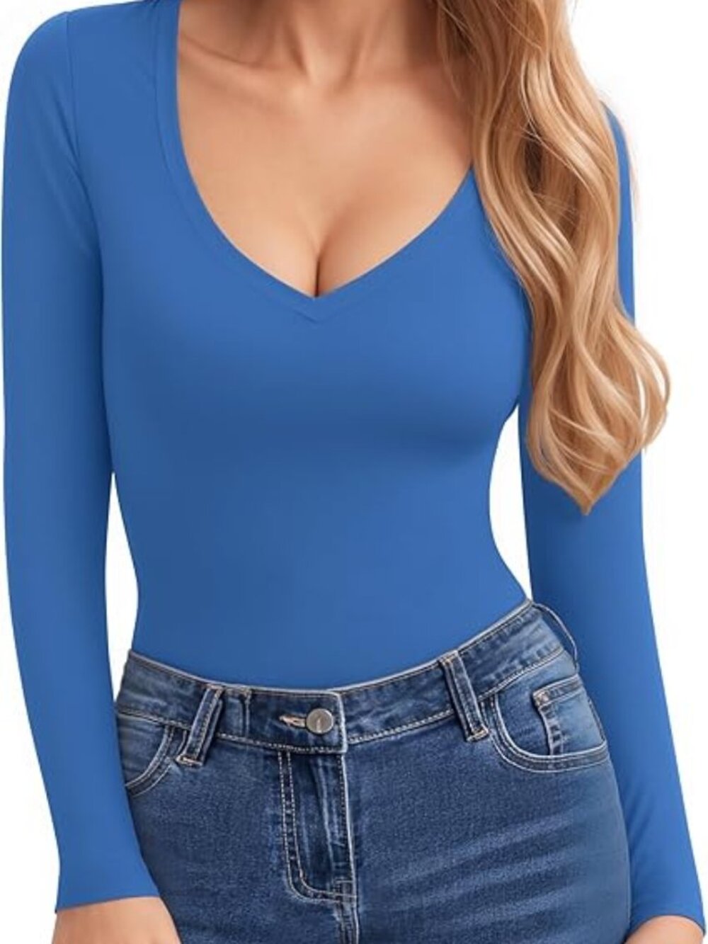 Clozoz Royal Blue V Neck Top Sexy Shirts for Women Fitted Tight Long Sleeve-XL